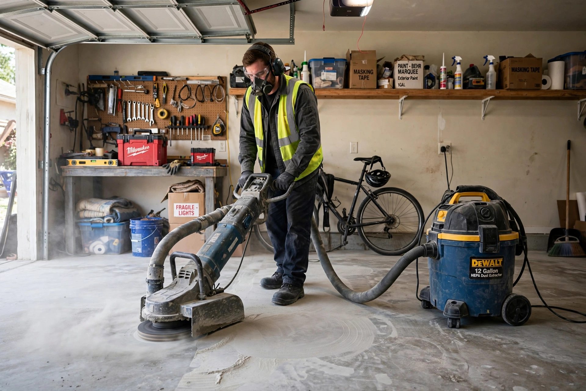 Worker diamond-grinding a garage concrete floor with an industrial grinder and vacuum in Thunder Bay