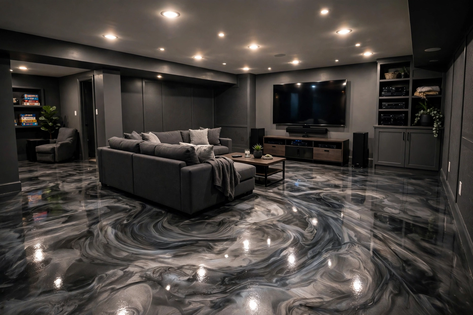 Metallic epoxy floor in a Thunder Bay basement recreation room