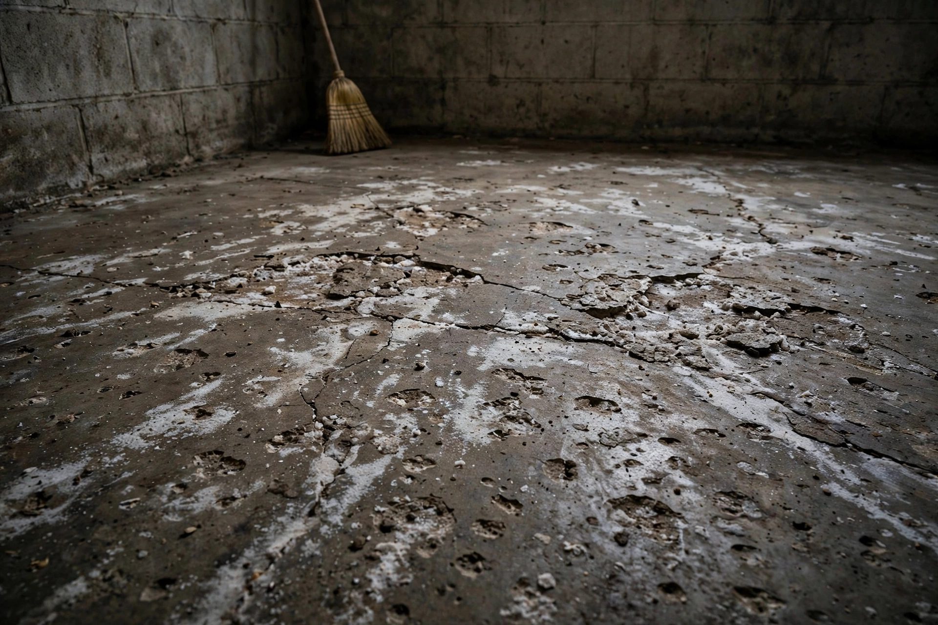 Bare concrete garage floor with winter salt damage and pitting