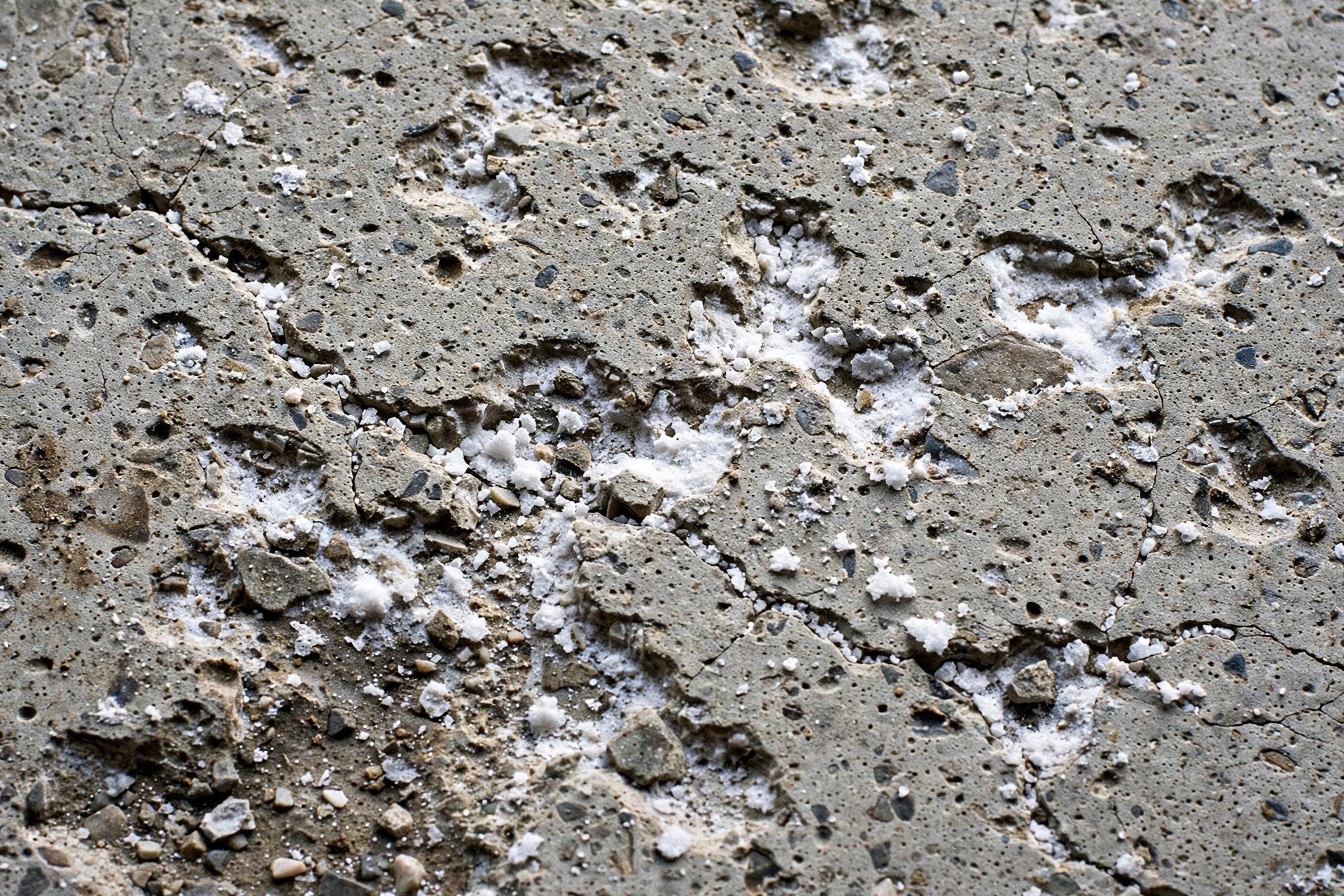 Close-up of salt-pitted and damaged garage concrete in Thunder Bay